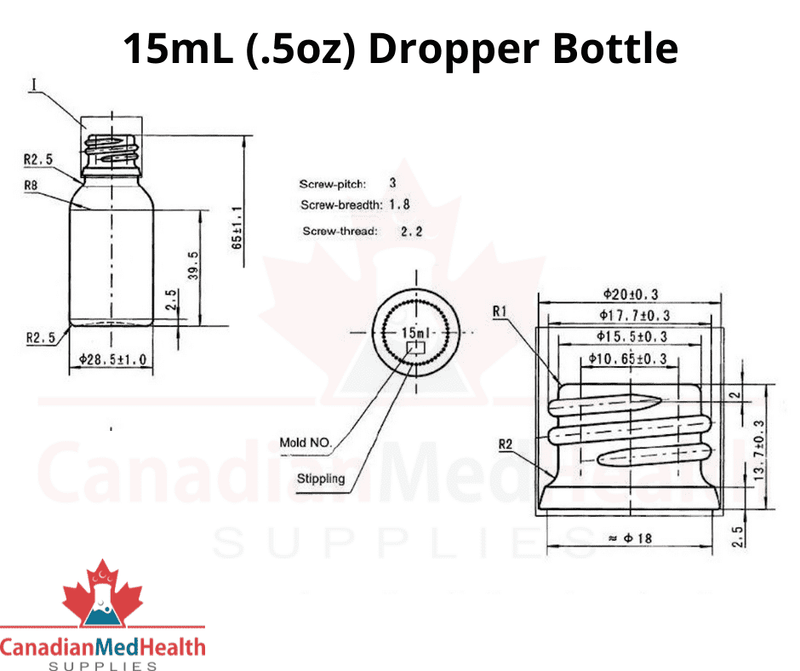 18DIN neck, 1/2oz (15mL) Amber Glass Dropper Bottle (bottle only)