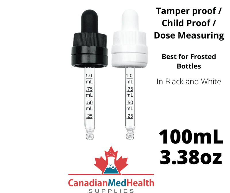 18DIN neck, 3.38oz (100mL) Tamper & Child Proof Dropper Caps with Dose Measuring Pipette