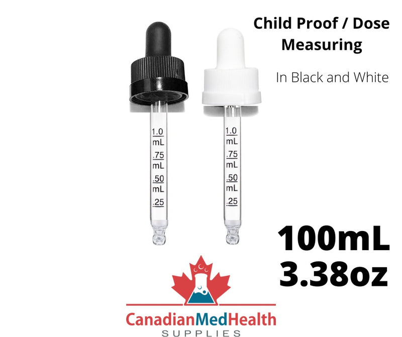 18DIN neck, 3.38oz (100mL) Child Proof Dropper Caps with Dose Measuring Pipette