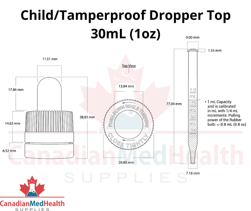 18DIN neck, 1oz (30mL) Super Tamper & Child Proof Dropper Caps with Dose Measuring Pipette