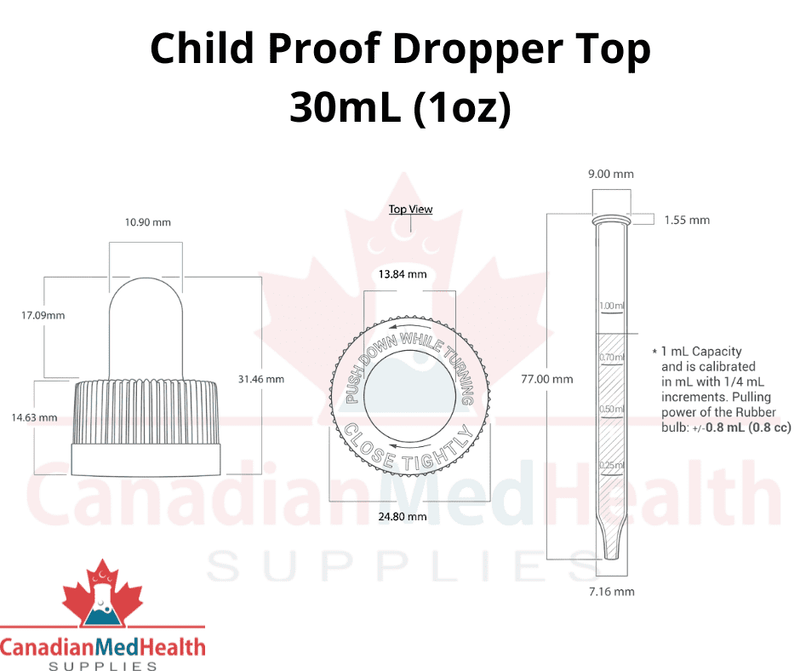 18DIN neck, 1oz (30mL) Child Proof Dropper Caps with Dose Measuring Pipette