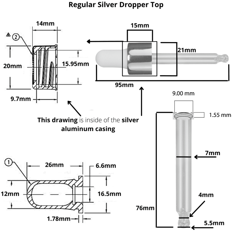 18DIN neck, 1oz (30mL) Regular Silver Dropper Caps
