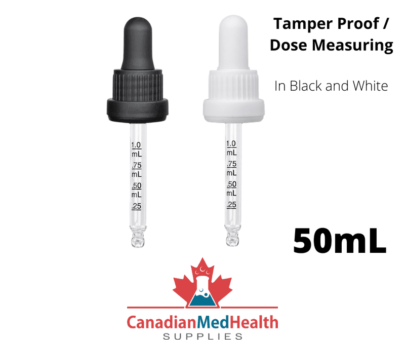 18DIN neck, 50mL Tamper Proof Dropper Caps with Dose Measuring Pipette