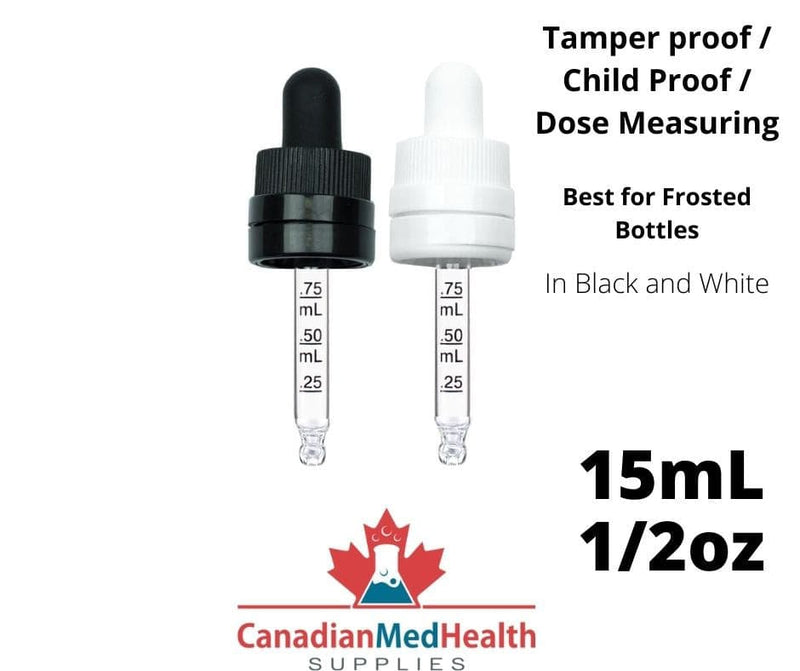 18DIN neck, 1/2oz (15mL) Tamper & Child Proof Dropper Caps with Dose Measuring Pipette
